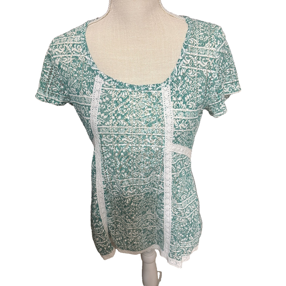 Bob Timberlake Women's Green knit top Lace short sleeve sz S sheer mesh casual